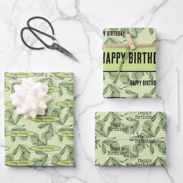 Olive and Greenery Pattern Personalised Message Wrapping Paper Sheet (Front)