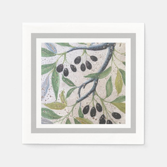Olive and Grey Mediterranean Style Cocktail Napkin (Front)