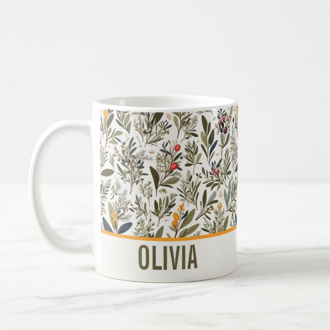 Olive and Herbs Minimal Elegant Personalised Coffee Mug (Left)