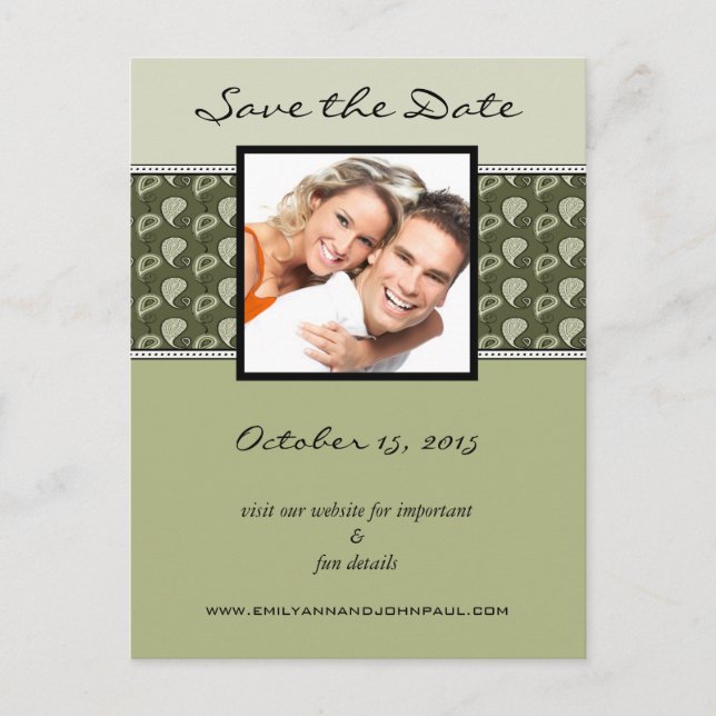 Olive and Ivory Paisley Save The Date Your Photos Announcement Postcard (Front)