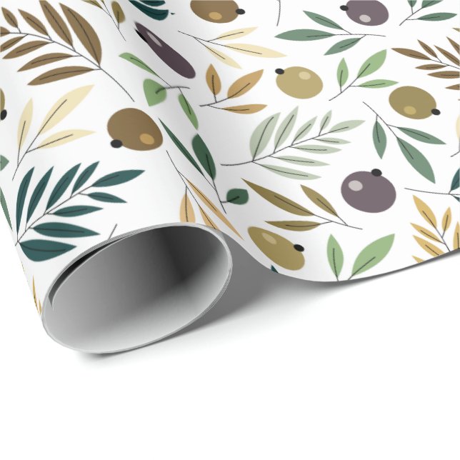 Olive and Leaves Autumn Pattern Wrapping Paper (Roll Corner)