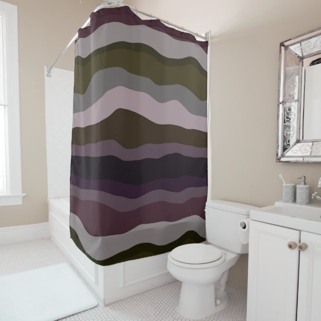 Olive and Purple Wavy Stripes Shower Curtain (In Situ)