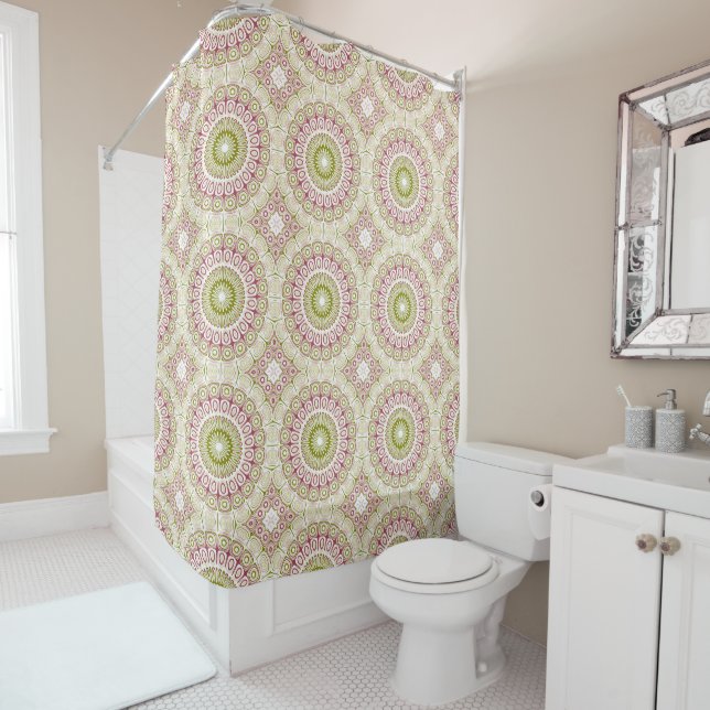 Olive and Rose Mandala Pattern Shower Curtain (In Situ)