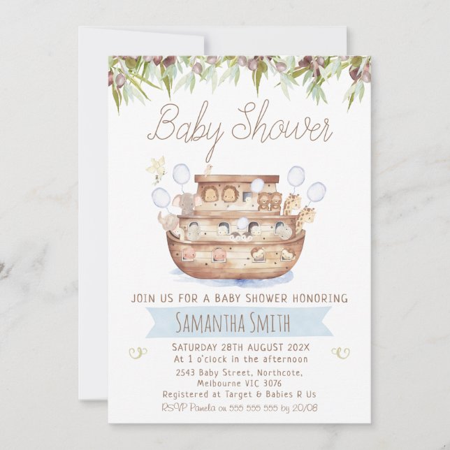 Olive and Wood Noah's Ark Boys Baby Shower Invitation (Front)