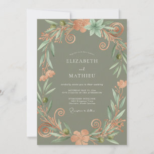 Olive Apricot Wreath Wedding Invitation