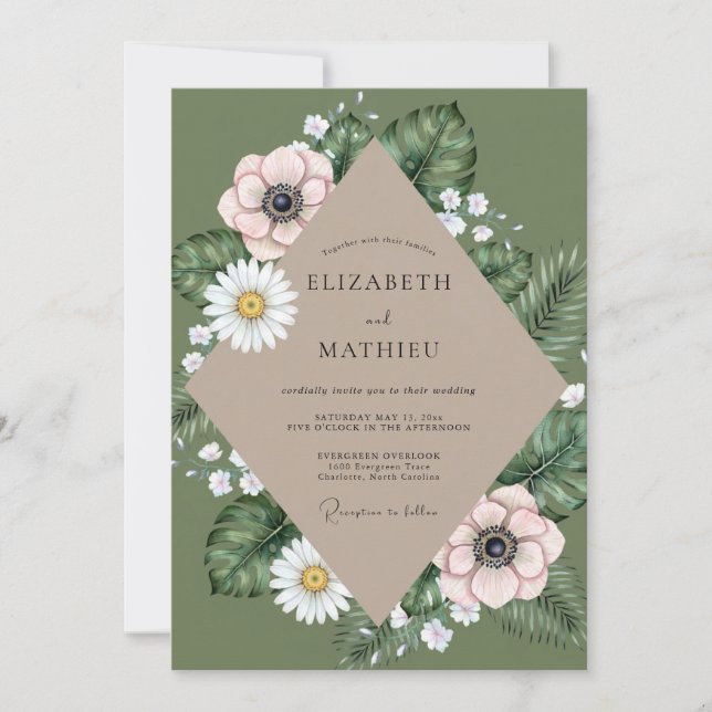 Olive Blush Anemone Wedding Invitation (Front)