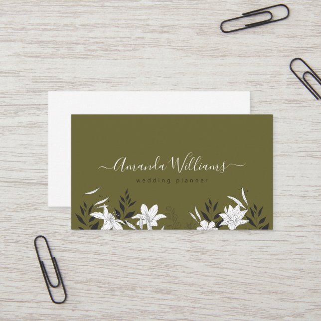 Olive Boho Floral Design Business Card (Front/Back In Situ)
