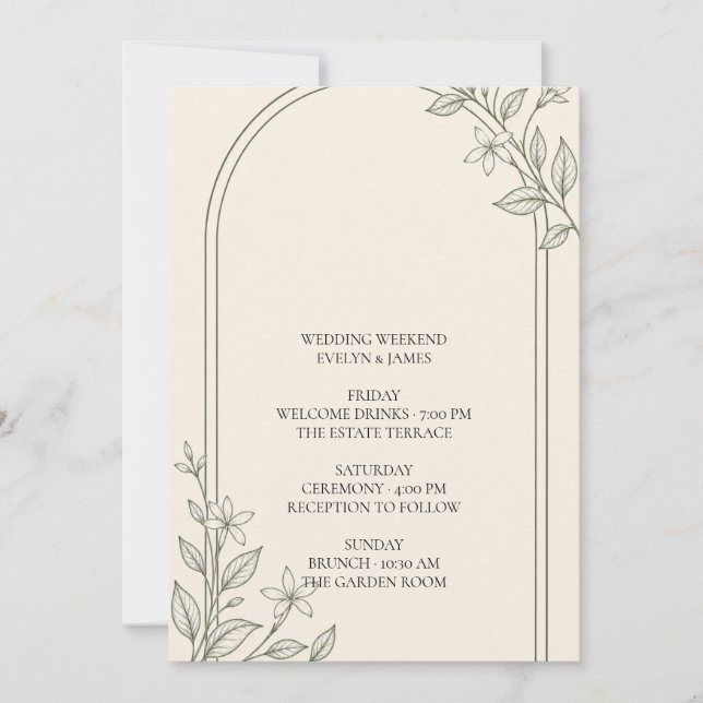 Olive Botanical Wedding Weekend Itinerary Card (Front)
