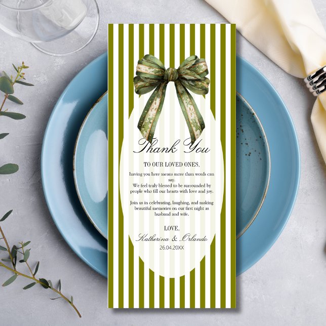Olive Bow Wedding Place Setting Thank You Card (Creator Uploaded)
