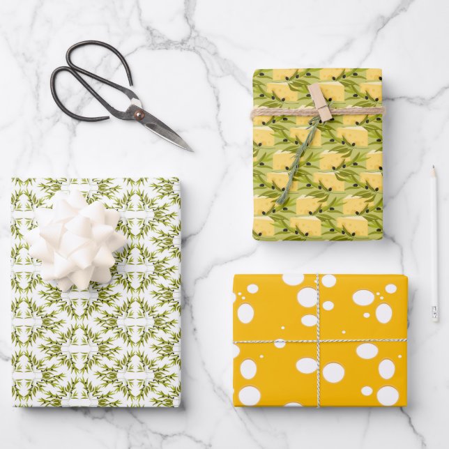 Olive Branch and Yellow Cheese Pattern Wrapping Paper Sheet (Front)