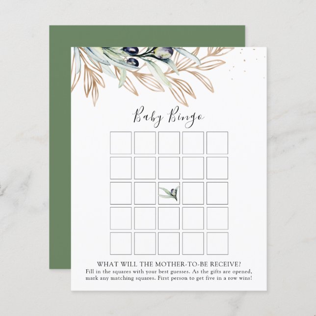 Olive Branch Baby Shower Bingo Game Card  (Front/Back)