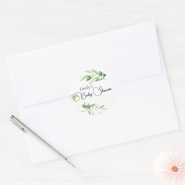 Olive branch Baby Shower Modern minimalist  Classic Round Sticker (Envelope)