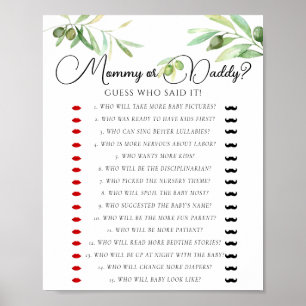 Olive branch Baby Shower Mummy Or Daddy Game Poster