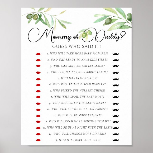 Olive branch Baby Shower Mummy Or Daddy Game Poster (Front)