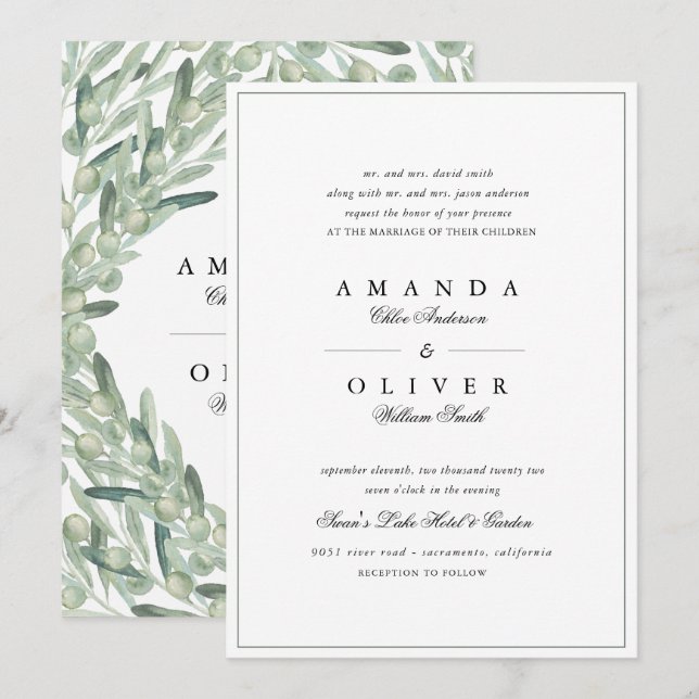 Olive Branch Botanical Greenery Elegant Wedding  Invitation (Front/Back)