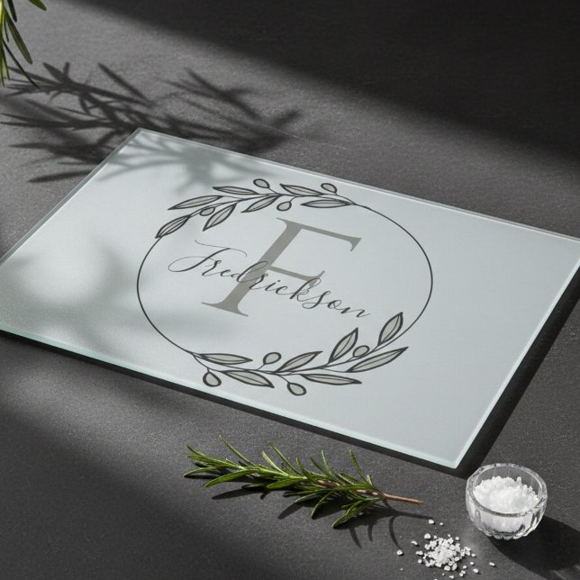 Olive Branch Botanical Housewarming Monogram Cutting Board (Modern farmhouse cutting board)