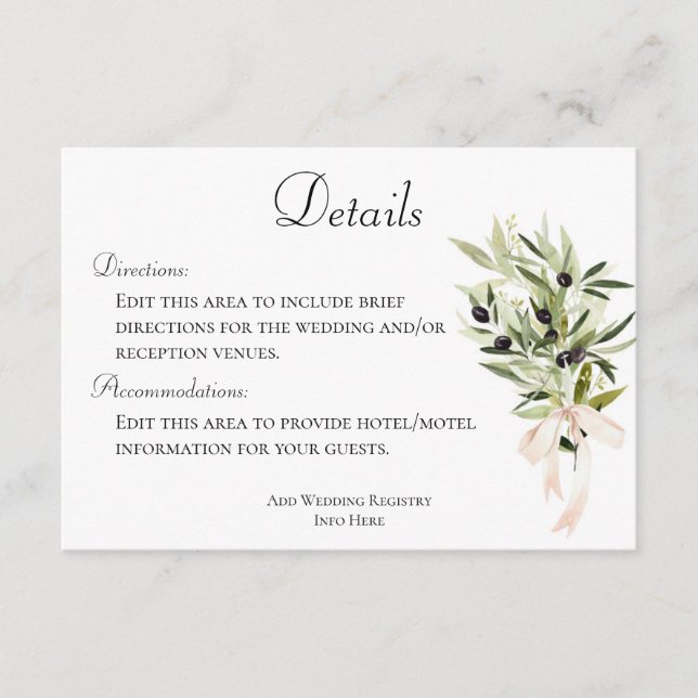 Olive Branch Bouquets Wedding Details Enclosure Card (Front)