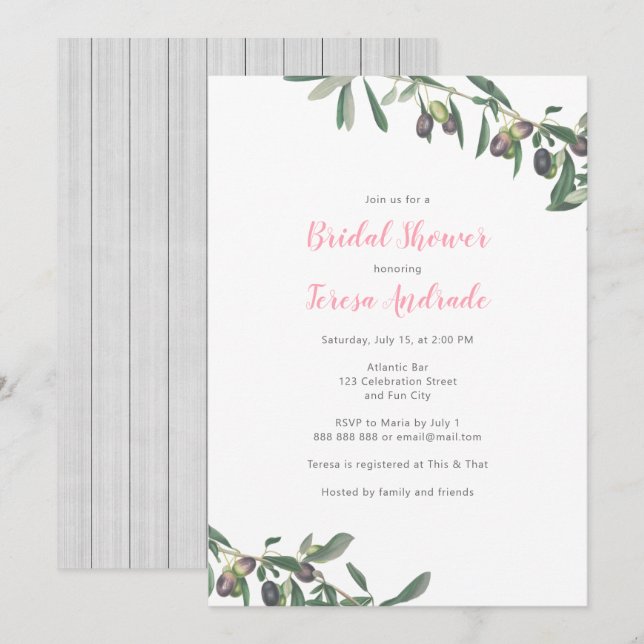 Olive Branch Bridal Shower Mediterranean Botanical Invitation (Front/Back)