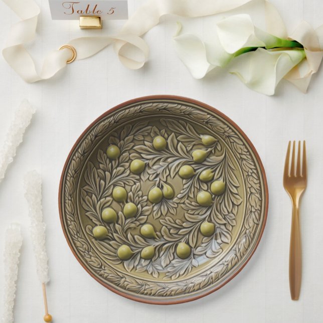 Olive Branch Faux Mediterranean Pottery  Paper Plate (Faux Italian Pottery in 3D - Green Olives European Pottery Inspired Paper Plates - Wedding and Party)