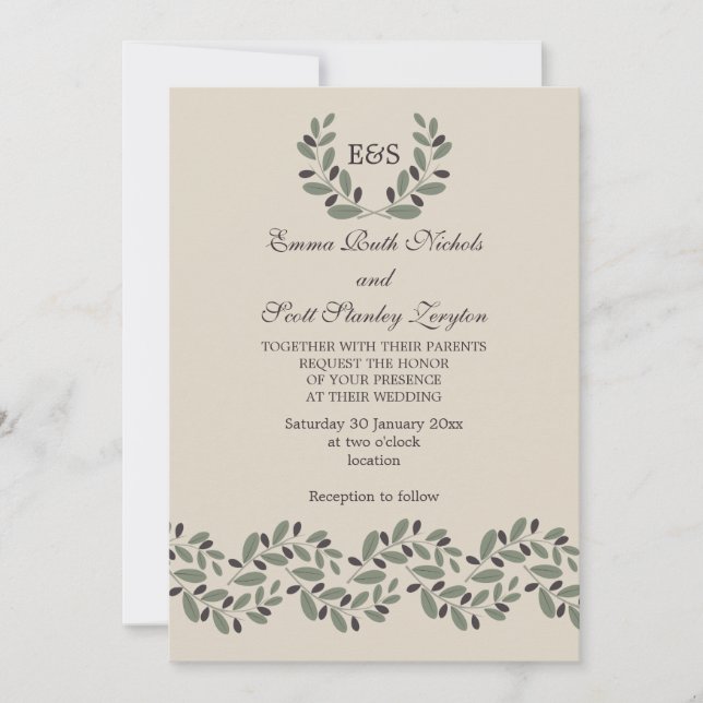 Olive branch garland and wreath wedding invitation (Front)