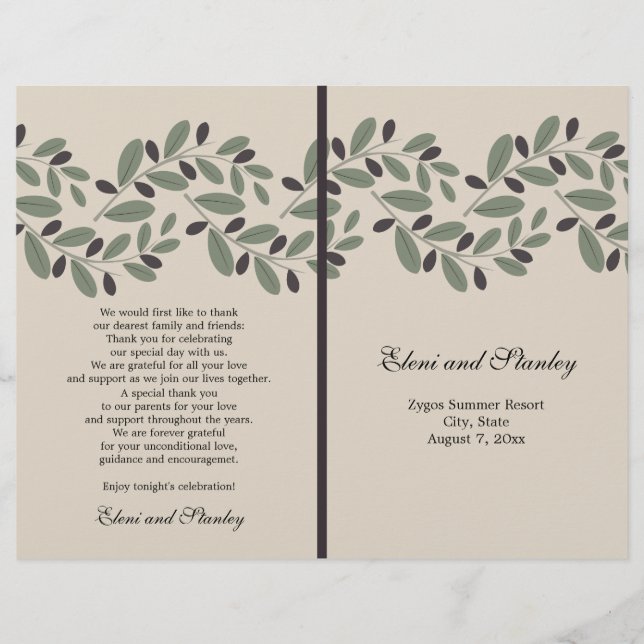 Olive branch garland and wreath wedding program (Front)