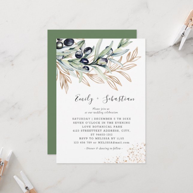 Olive Branch Greenery, Golden Bridal Wedding Invitation (Front/Back In Situ)