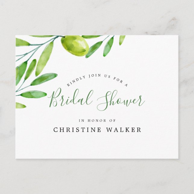 Olive Branch Handwritten Script Bridal Shower Invitation Postcard (Front)