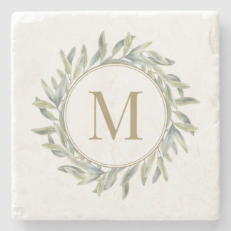 Olive Branch Laurel Wreath Personalised Monogram Stone Coaster