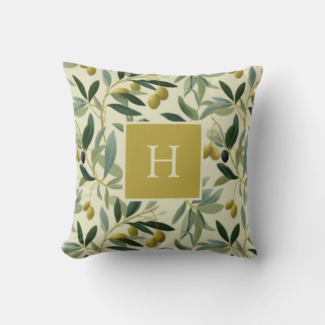 Olive Branch Monogram Initial Botanical Cushion (Front)