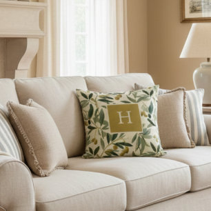 Olive Branch Monogram Initial Botanical Cushion