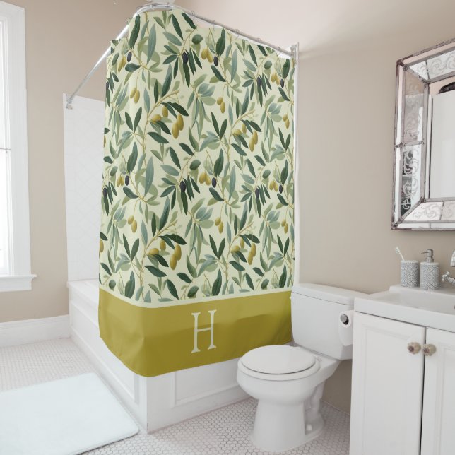 Olive Branch Monogram Initial Shower Curtain (In Situ)