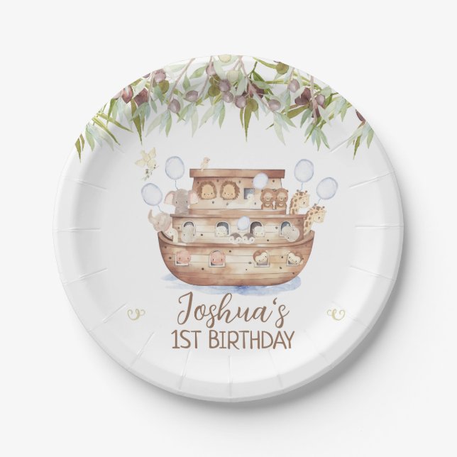 Olive Branch Noah's Ark Boys 1st Birthday Paper Plate (Front)