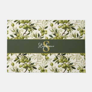Olive Branch Pattern Monogram Name Mediterranean Doormat