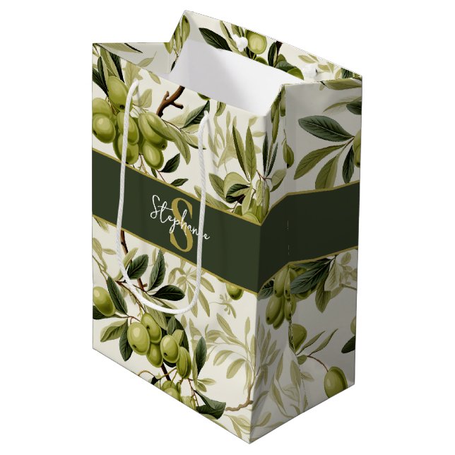 Olive Branch Pattern Monogram Name Mediterranean Medium Gift Bag (Front Angled)