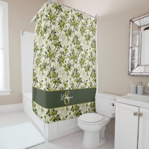 Olive Branch Pattern Monogram Name Mediterranean Shower Curtain