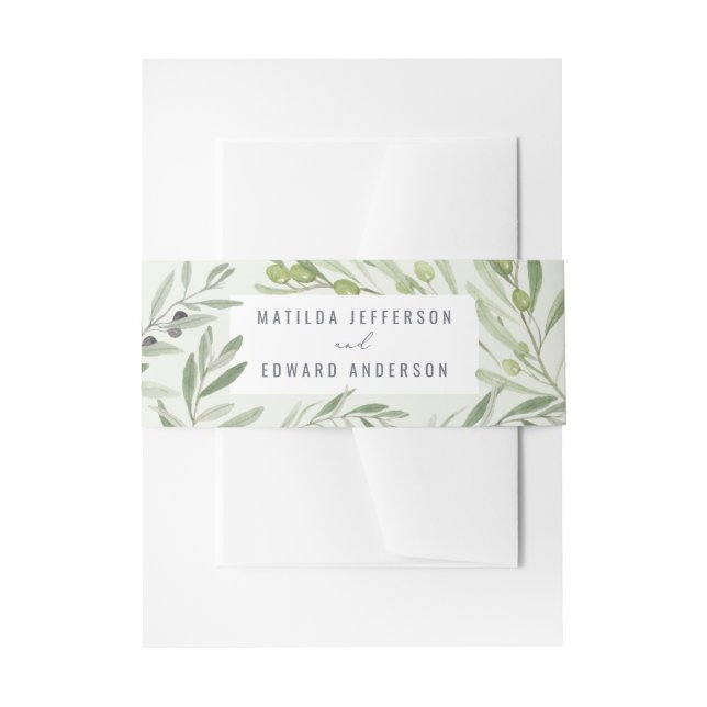 Olive branch personalised wedding invitation belly band (Front Example)