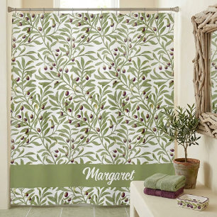 Olive Branch Sage Green Botanical Monogram Shower Curtain