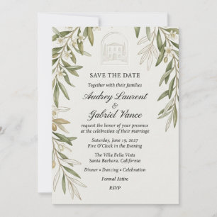 Olive Branch, Villa Arch Motif, and Watercolor Wed Invitation