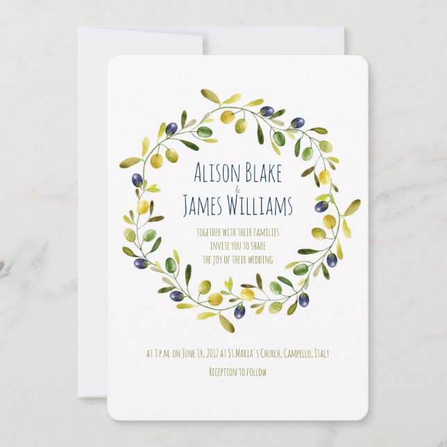 Olive Branch watercolor wedding invitation card (Front)