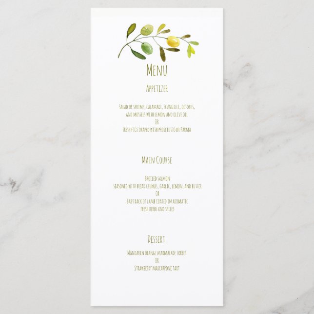 Olive branch watercolor wedding menu (Front)