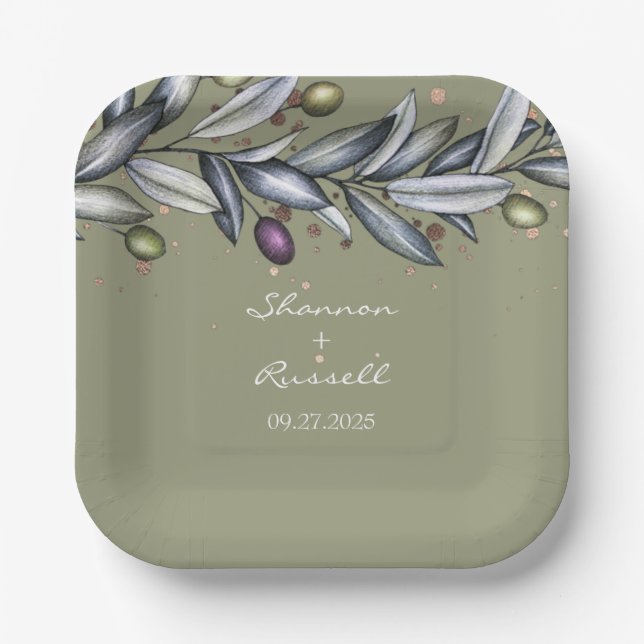 Olive Branch Wedding 7" Paper Plate (Front)