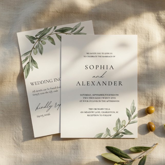 Olive Branch Wedding Invitation with QR Code  (Creator Uploaded)