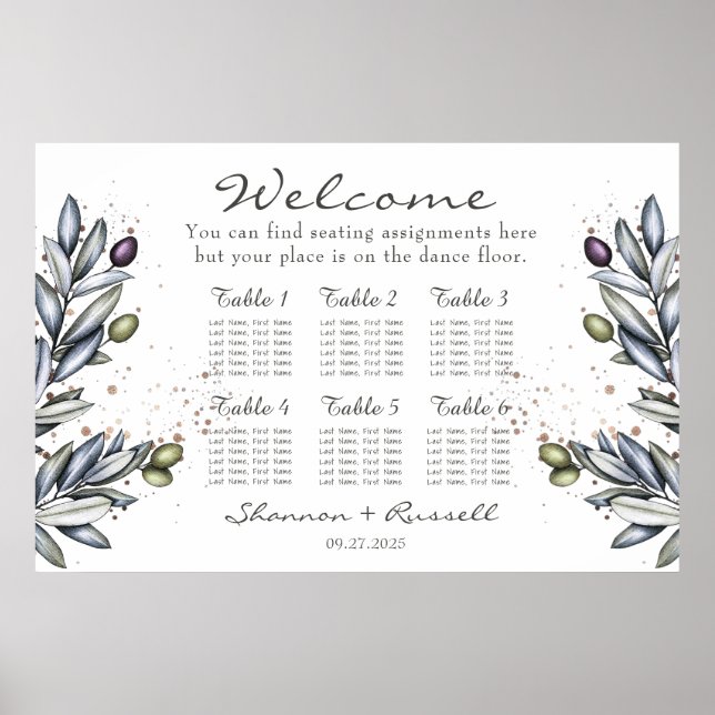 Olive Branch Wedding Seating Chart 36"x24" (Front)