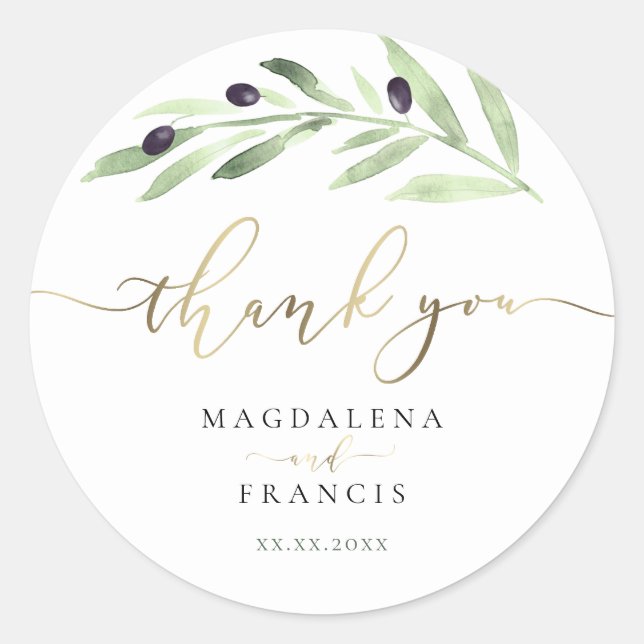 olive branch wedding thank you  classic round sticker (Front)