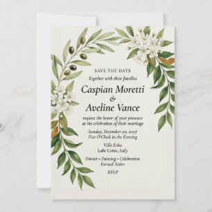 Olive Branch & White Blossom Elegant Save the Date Invitation