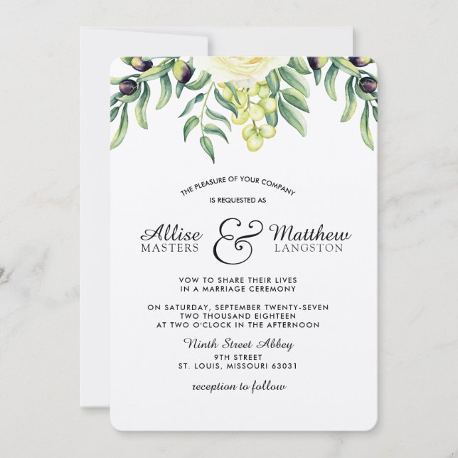 Olive Branch White Rose Wedding Invitation (Front)