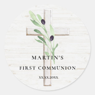 Olive branch white wood Cross First Communion Classic Round Sticker