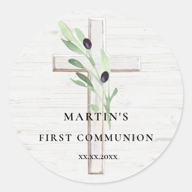 Olive branch white wood Cross First Communion Classic Round Sticker (Front)