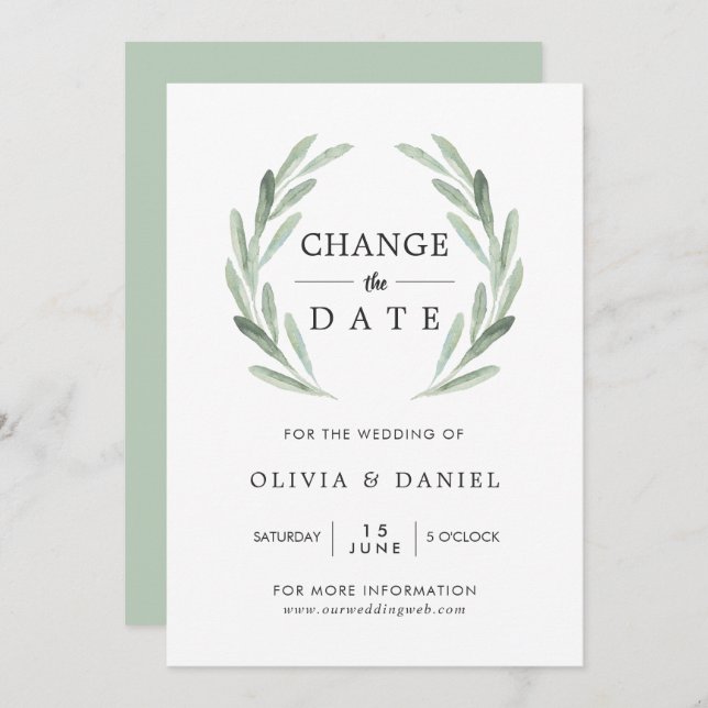 Olive Branch Wreath Change the Date Wedding Invitation (Front/Back)