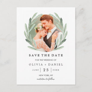 Olive Branch Wreath Classy Wedding Save the Date Announcement Postcard
